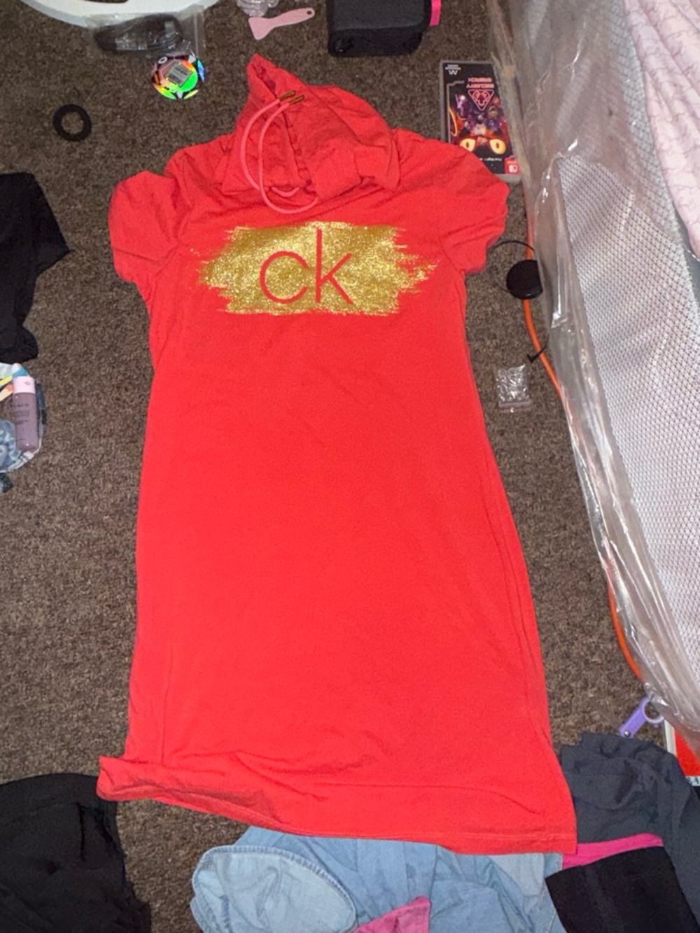 Calvin Klein Red Hooded Short Sleeve Dress with Gold CK Logo